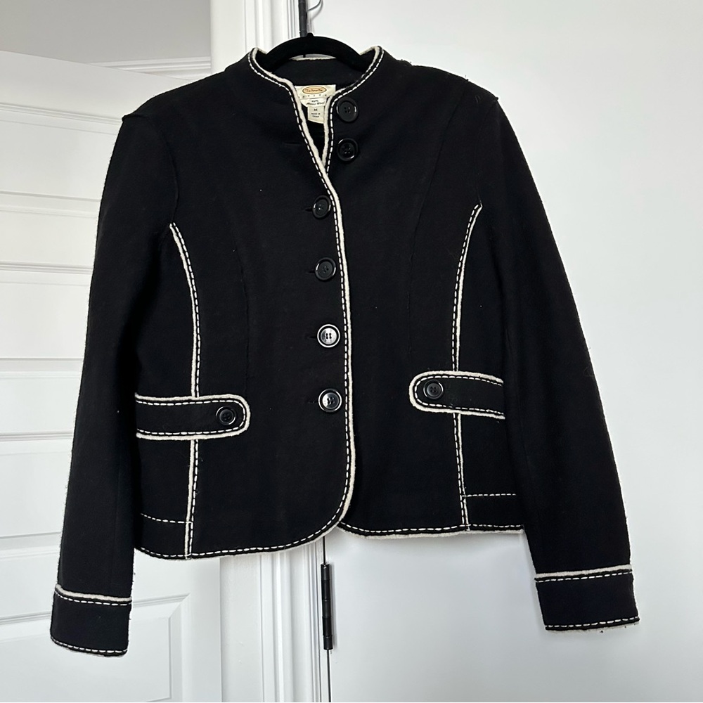 Talbots Black Blazer with White Accents 100% Wool Size Petite Medium